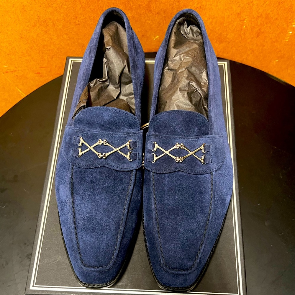 Barker Black Wolfe Loafer. Custom Size 14D. Navy Suede.